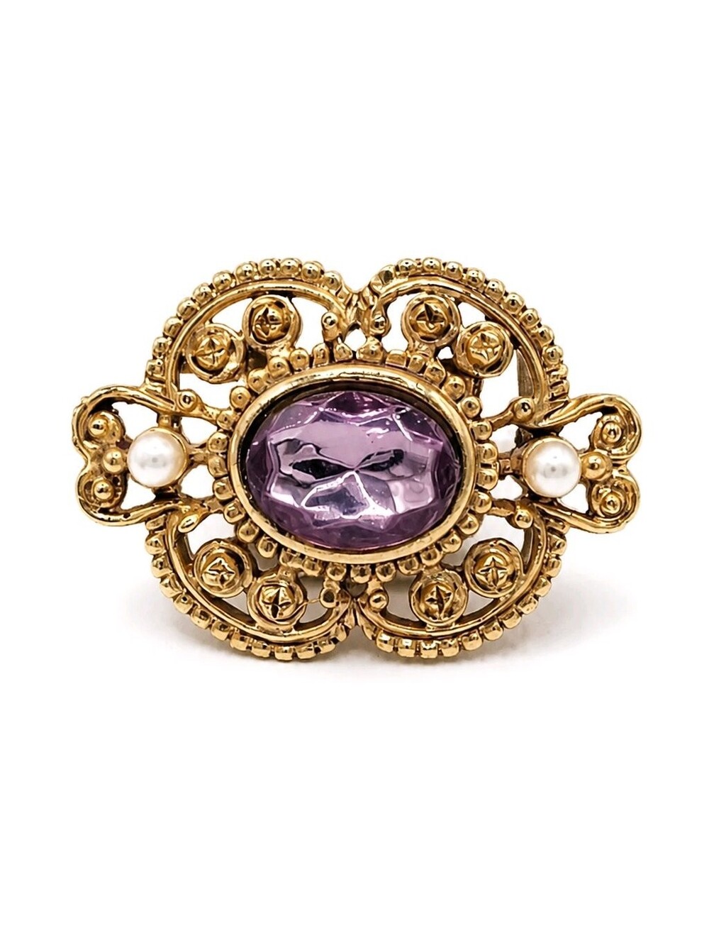 Vintage Pink Crystal Faux Pearl Gold Tone Filigree Brooch